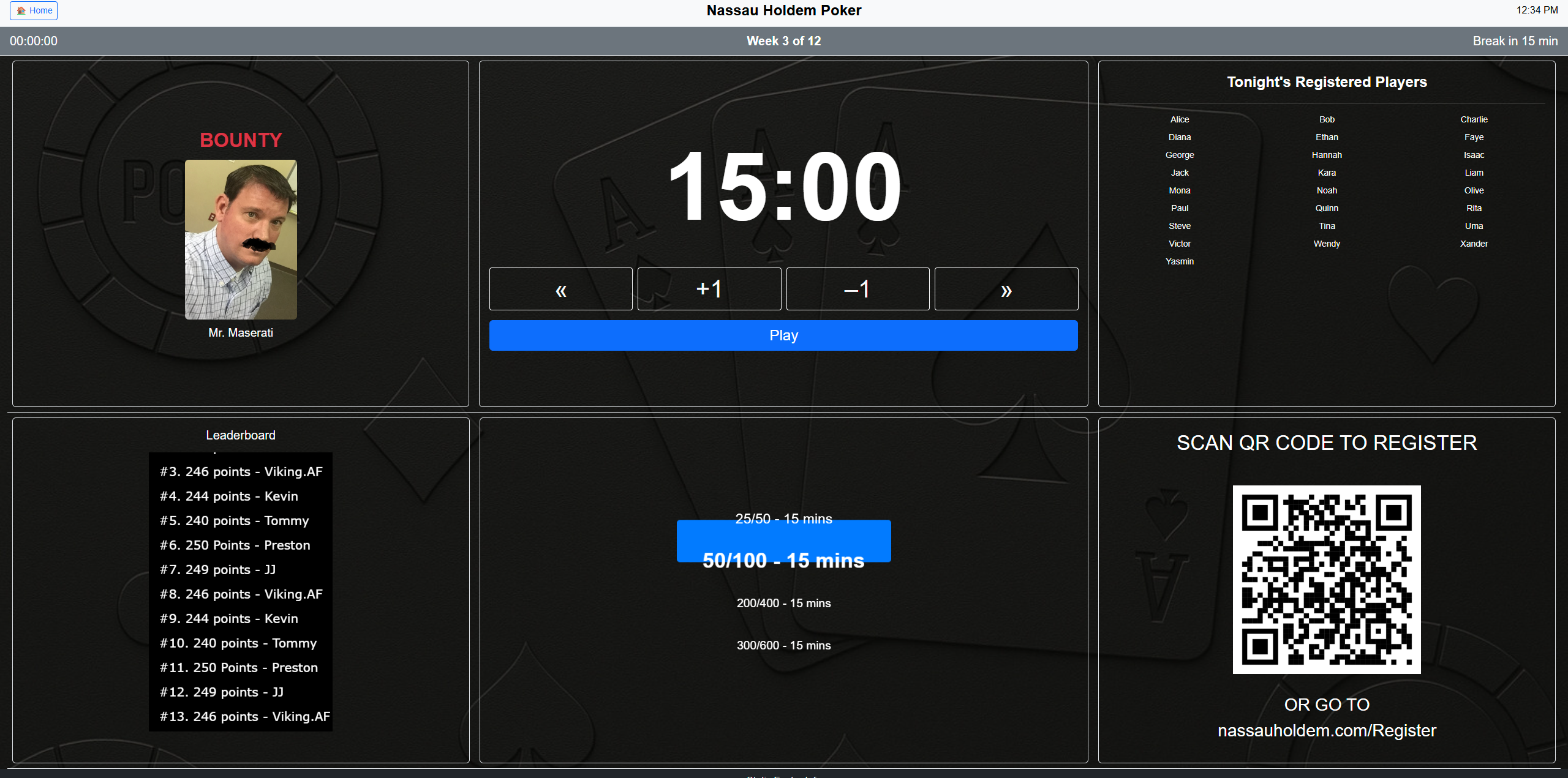 Nassau Hold'em Poker timer and management